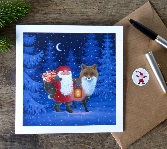 Scandinavian Christmas card by Eva Melhuish - Tomten and Fox