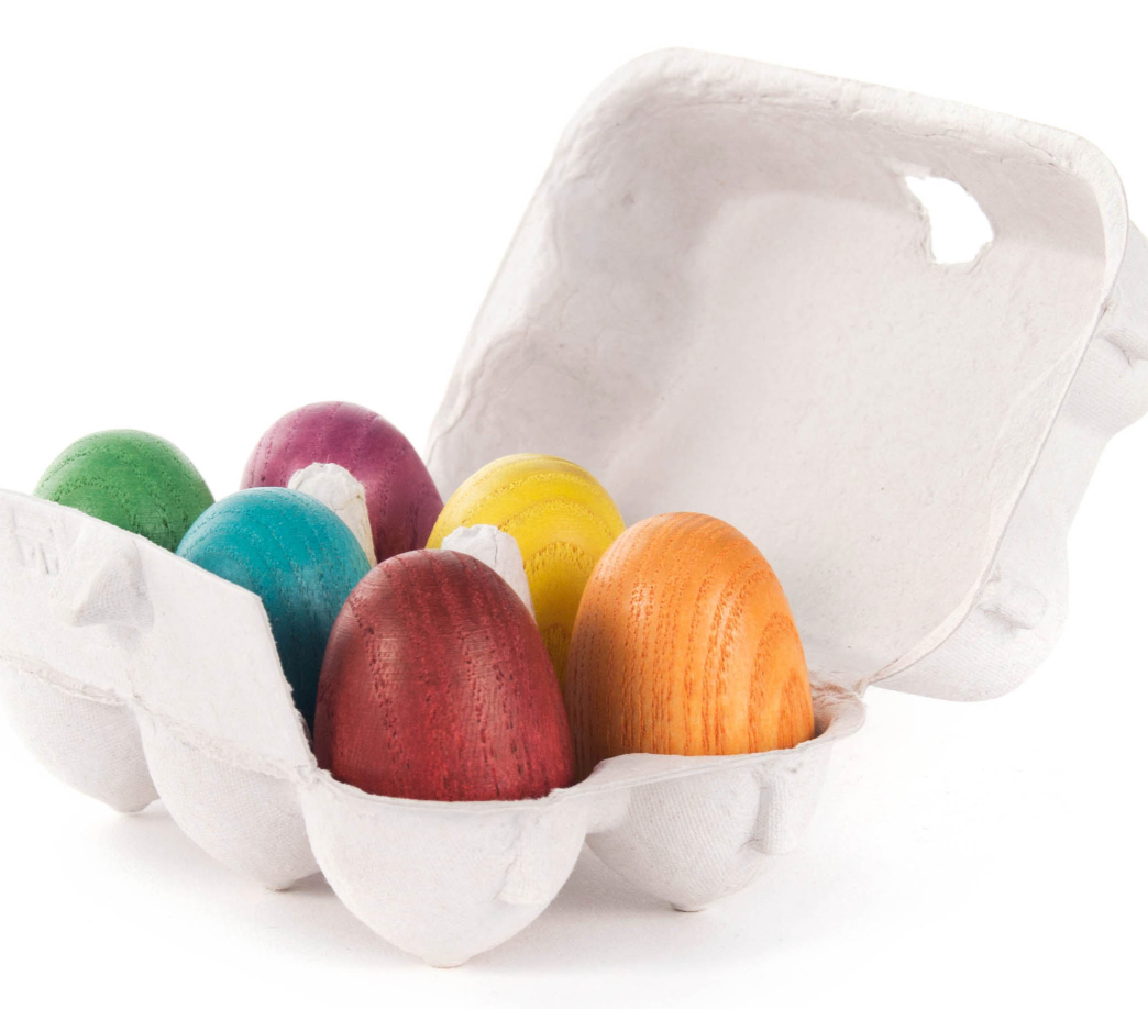 Solid Colored Wooden Easter Egg Ornaments in an Egg Carton / Set of 6 / 1" tall