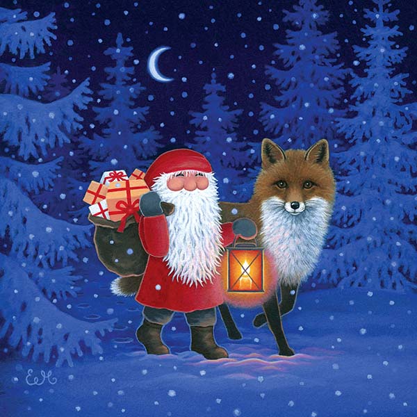 Scandinavian Christmas card by Eva Melhuish - Tomten and Fox