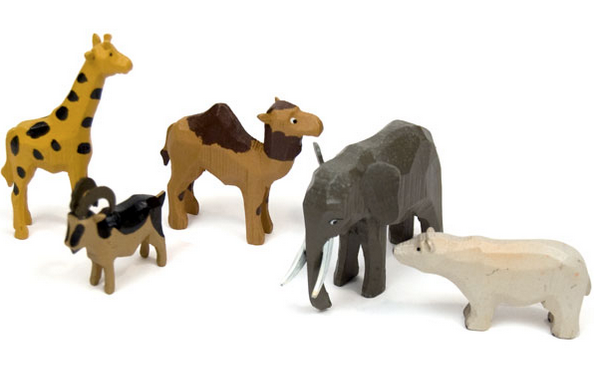 Zoo Animals Set 1 (5 pieces) - 1" to 2-3/4" / hand-carved / w/Wood Chip Gift Box / Size Small