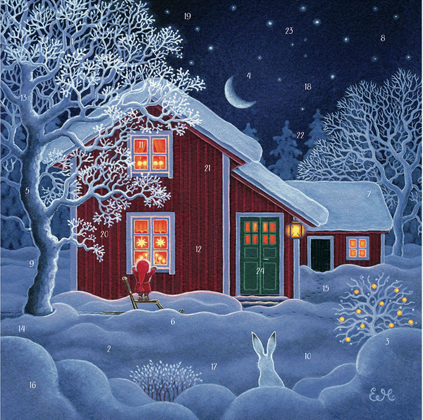 Tomte Peaking into Wintry House / Advent Calendar / Eva Melhuish