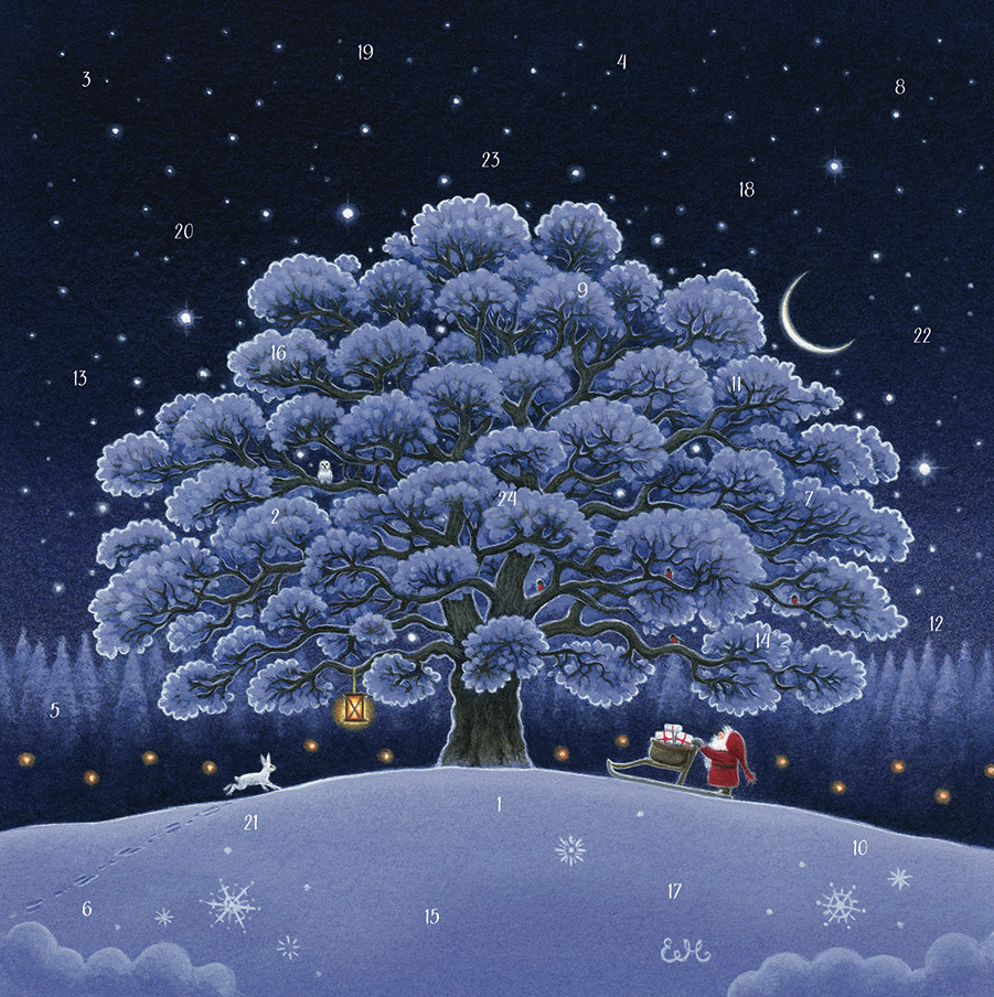 Tomte Celebrating Christmas under Gorgeous Tree / Advent Calendar by Eva Melhuish
