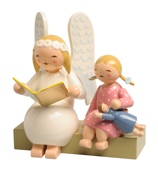 Marguerite Angel on Bench with Book, Reading to Girl with Doll