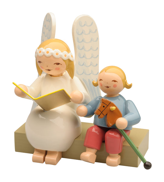 Marguerite Angel on Bench with Book, Reading to Boy with Hobby Horse