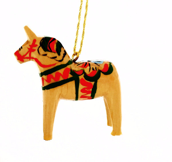 Natural Wood Dala Horse Christmas Ornament - 2"