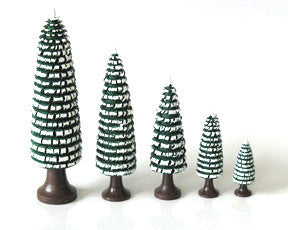 Set of 5 dark green, snow-capped, hand-shaved trees / 1-1/2" to 4-3/4"