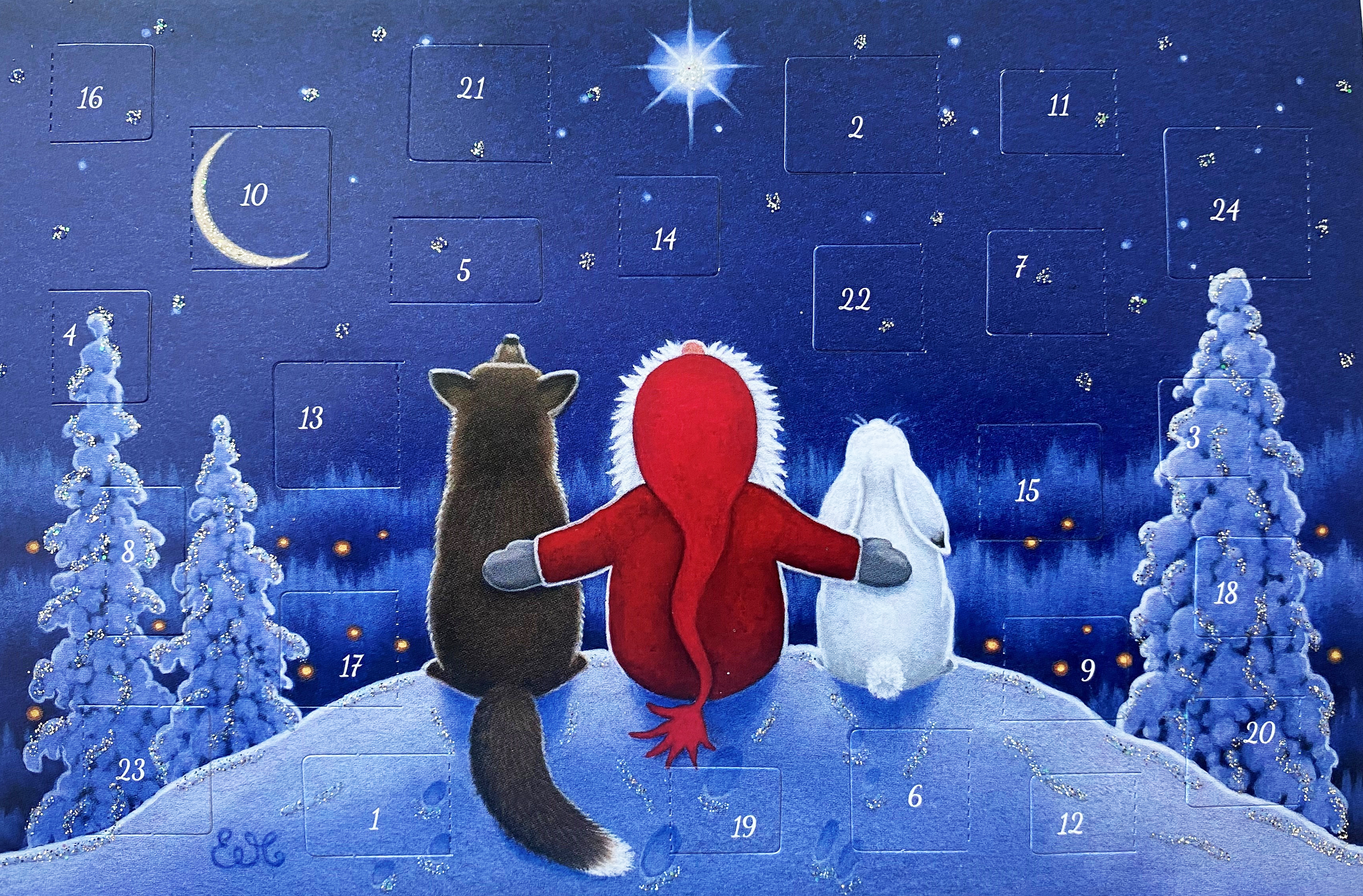 Tomte with Fox and Bunny Enjoying the Night Sky / Advent Calendar GREETING CARD by Eva Melhuish