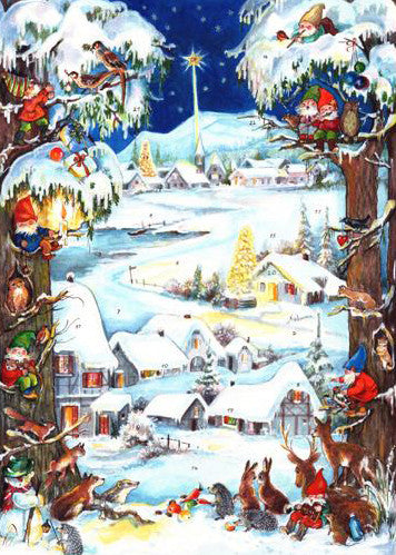 Village Scene with Woodland Animals and Dwarfs - Advent Calendar