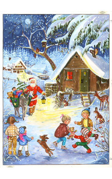 Santa Bringing Gifts with his Donkey - Advent Calendar GREETING CARD