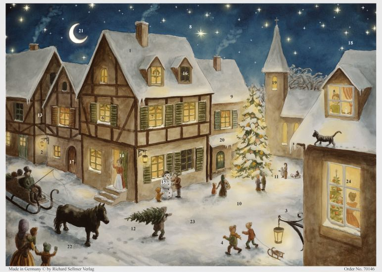 Snowy Village Scene with Timbered Houses / Advent Calendar